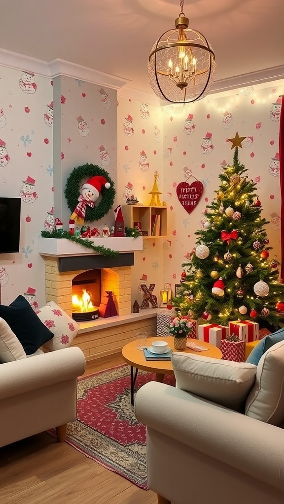 A festive living room with cute snowman wallpaper, Christmas tree, and fairy lights.